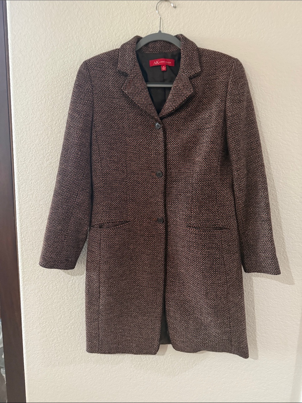 Anne Klein Brown Tweed Single-Breasted Pea Coat